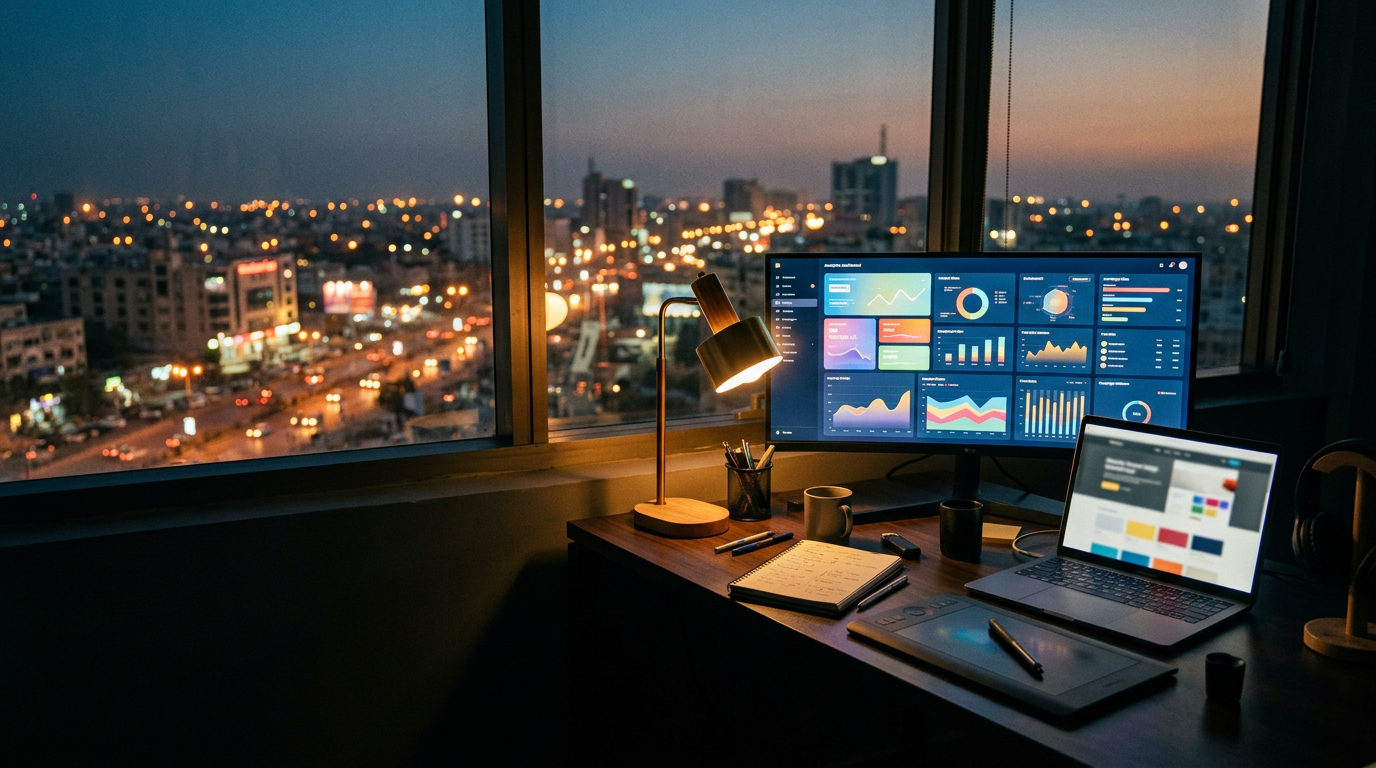 A digital agency desk at dusk